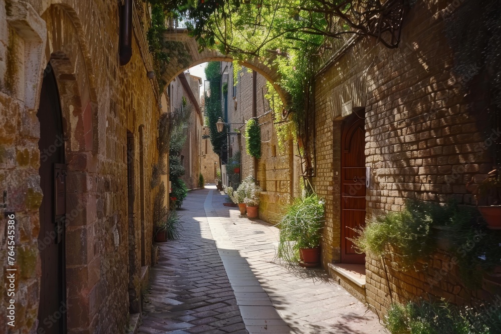 Fototapeta premium Beautiful medieval street in Assisi, Umbria, Italy. Beautiful large European streets are reminiscent of the beginning of summer vacation and summer adventure