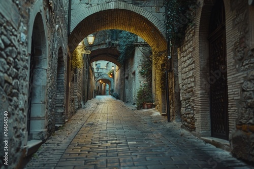 Beautiful medieval street in Assisi, Umbria, Italy. Beautiful large European streets are reminiscent of the beginning of summer vacation and summer adventure © Uliana