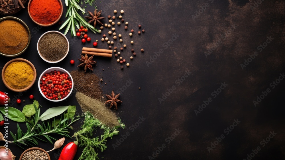 Culinary herbs and spices flat lay design, copyspace Culinary herbs and spices flat lay design, copyspace