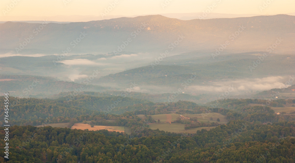 Hazy Morning Overlook at Shenandoah National Park along the Blue Ridge Mountains in Virginia