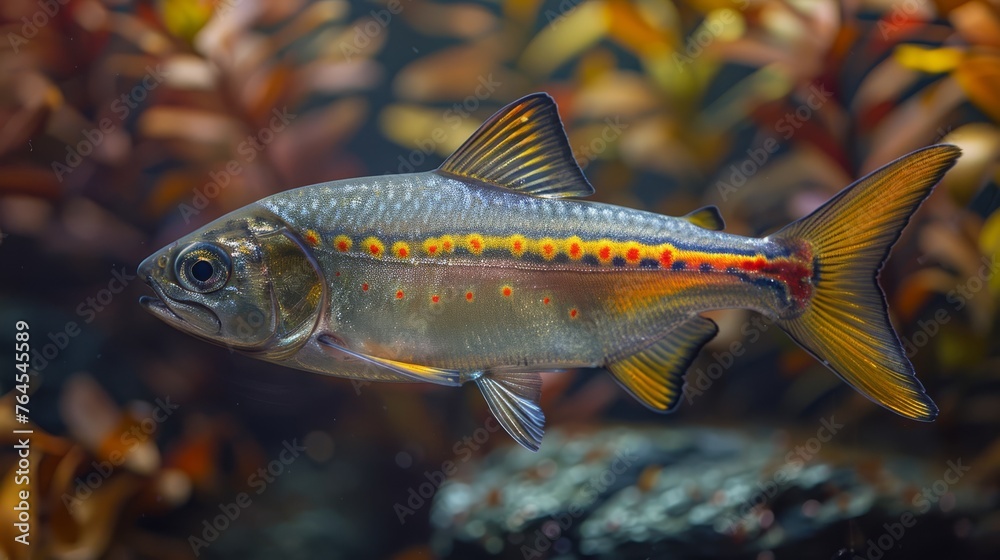Fototapeta premium A close-up image of a fish in water, surrounded by plants in the background