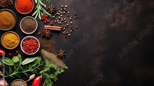 Culinary herbs and spices flat lay design, copyspace