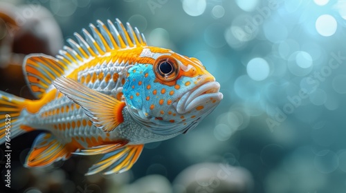  a close-up of a yellow and blue fish with a blurry background in the foreground and a clear background