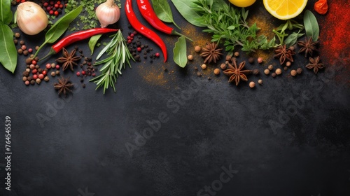 Culinary herbs and spices flat lay design  copyspace