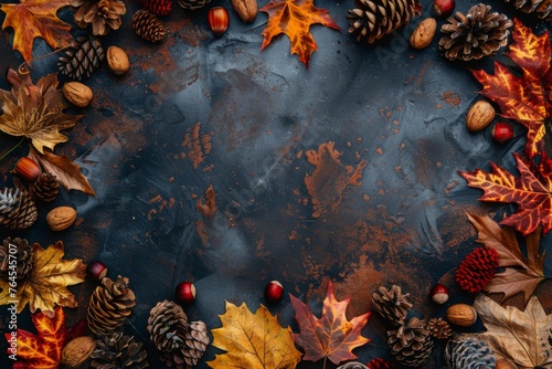 Colorful fall leaves, nuts, and pine cones border rustic dark banner background. Top view, copy space.