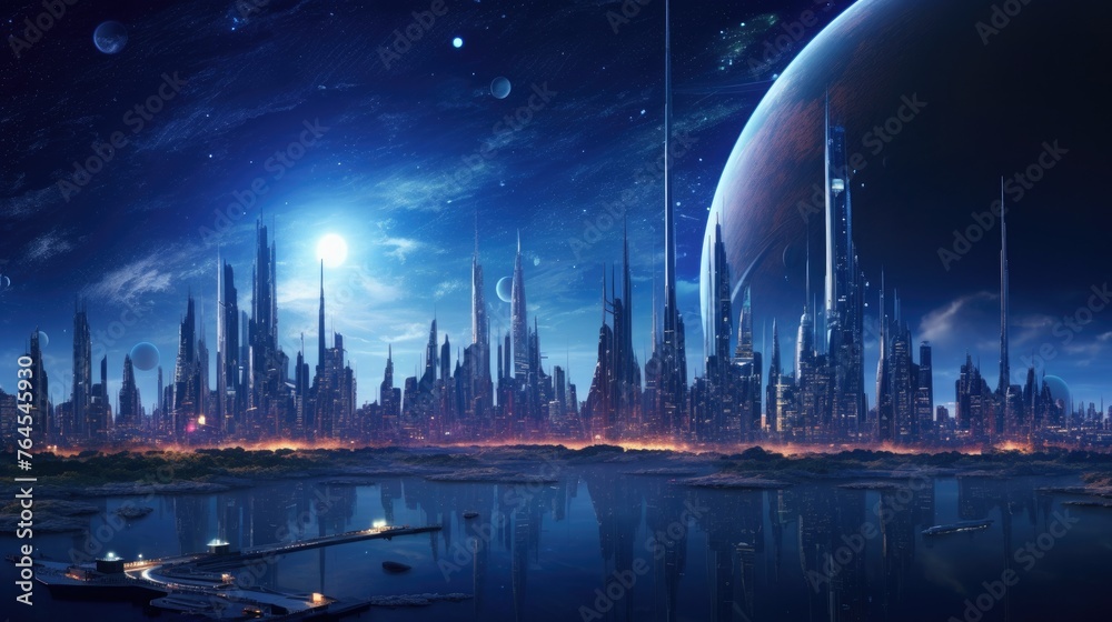 Futuristic city in night lights with galaxy planets in sky
