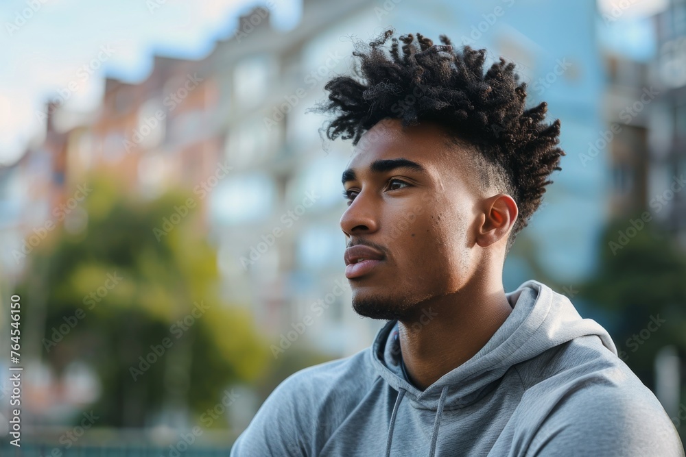Half-length portrait of young african-american man in sports clothing looking away while standing outdoors Half-length portrait of young african-american man in sports clothing looking away while standing outdoors
