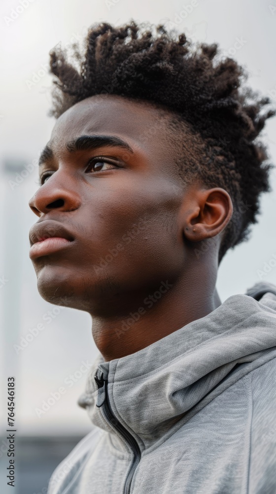 Half-length portrait of young african-american man in sports clothing looking away while standing outdoors Half-length portrait of young african-american man in sports clothing looking away while standing outdoors