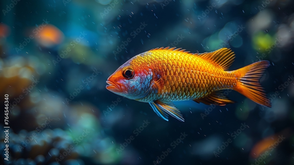Goldfish zoom in aquarium, blue-orange water, coral backdrop Goldfish zoom in aquarium, blue-orange water, coral backdrop