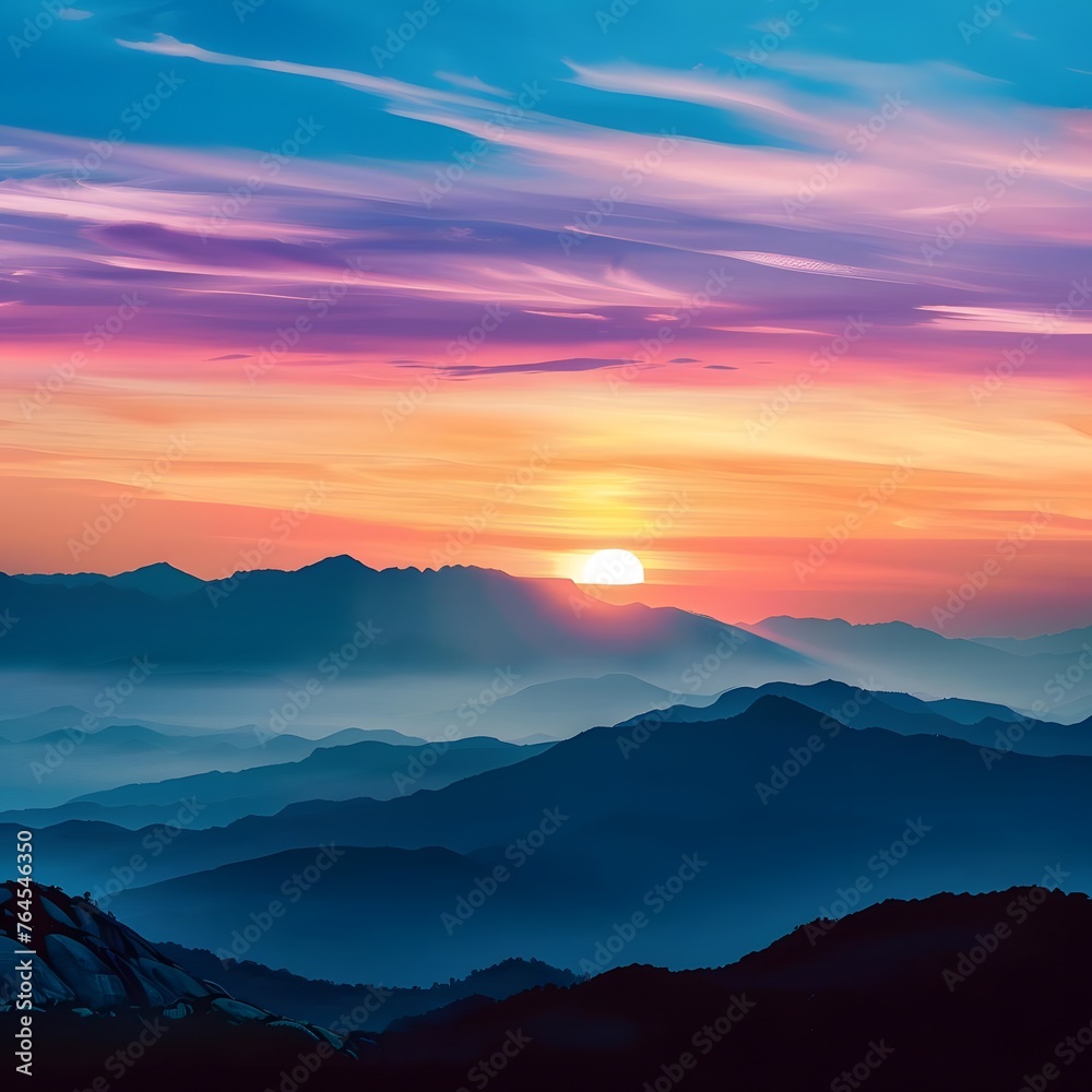 A stunning sunset scene over a mountain range with vibrant colors in the sky and dramatic silhouettes of the mountains.
