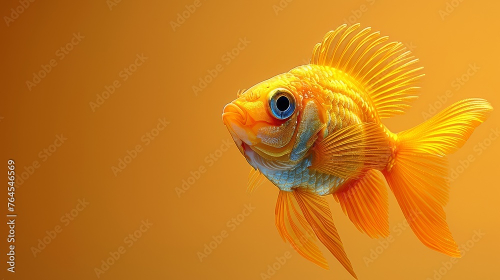 Fototapeta premium A focused image of a golden fish on a yellow canvas, slightly blurring behind the fish's gaze