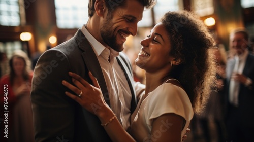 Interracial couple dancing at wedding