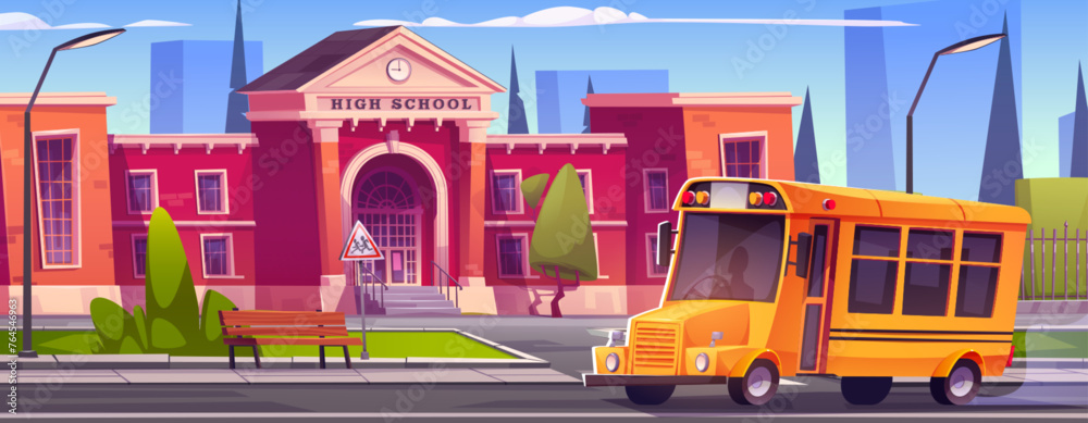 High school building facade with red walls, green grass and trees on yard, path to entrance and bench with streetlights on sidewalk, yellow bus on road. Cartoon vector cityscape with schoolhouse. - obrazy, fototapety, plakaty 