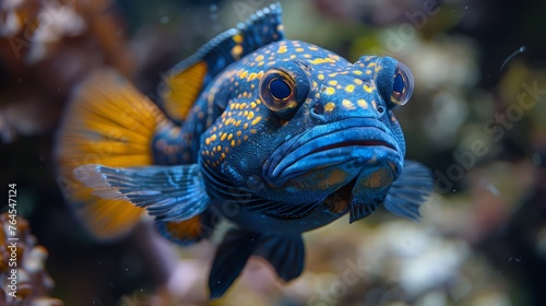  A macro shot of a vivid blue-yellow fish with yellow dots on its visage against a backdrop of coral