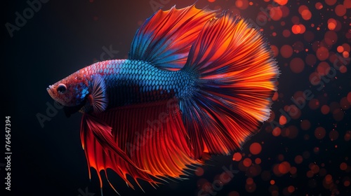  A macro shot of a vibrant red and blue Siamese fish against a dark background, featuring subtle bokeh of distant light sources