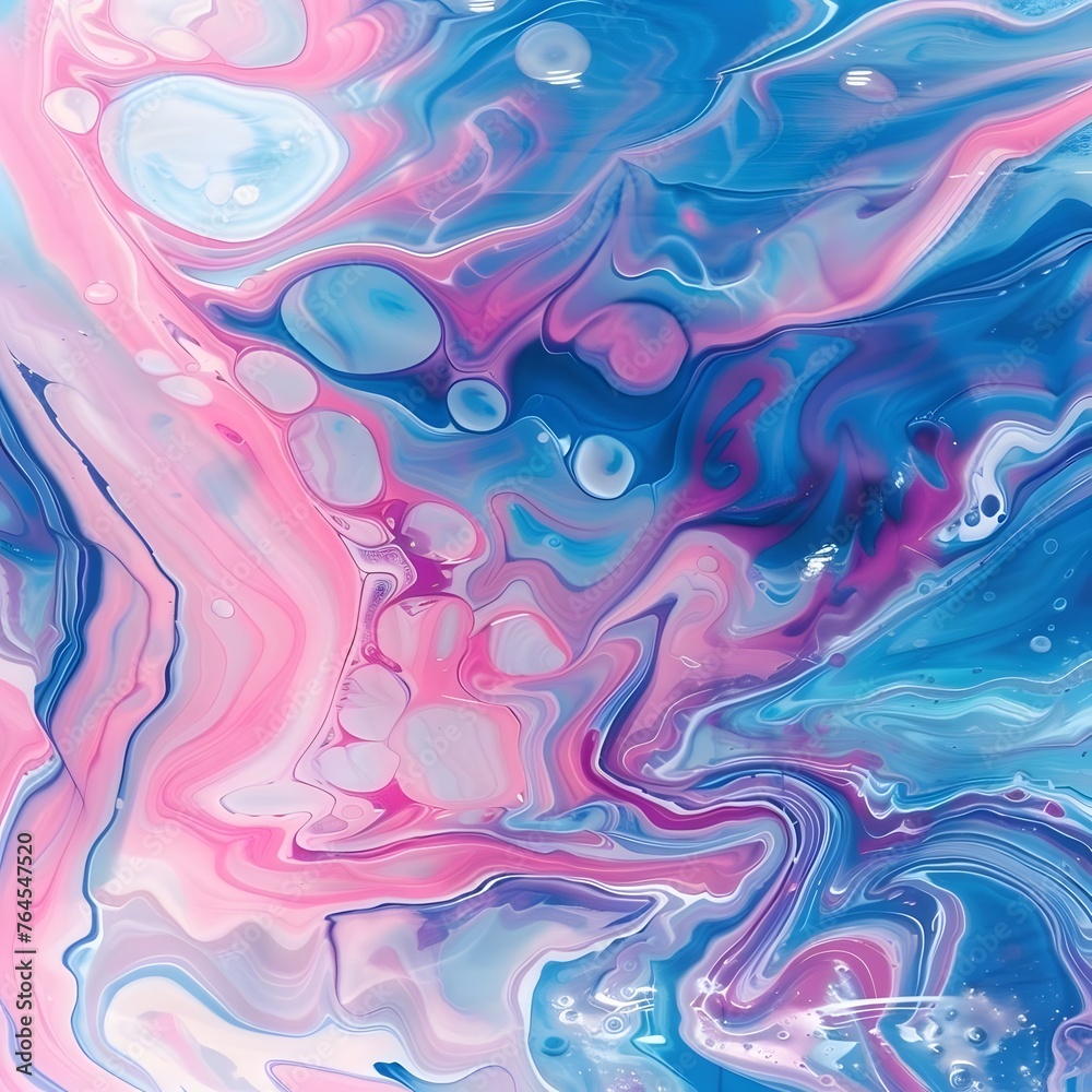 Fototapeta premium Vibrant abstract marbling oil acrylic paint background in pink and blue colors with a liquid fluid texture, ideal for wallpaper or artistic projects.