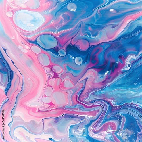 Vibrant abstract marbling oil acrylic paint background in pink and blue colors with a liquid fluid texture, ideal for wallpaper or artistic projects.