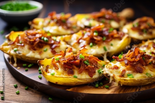 
Close-up shot of French Onion potato skins loaded with caramelized onions, melted cheese, and crispy bacon, offering a delicious twist on a classic appetizer