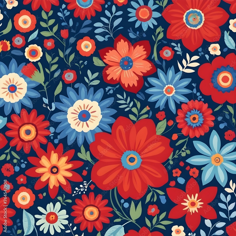 Digital red and blue all over  floral prints pattern design art work.