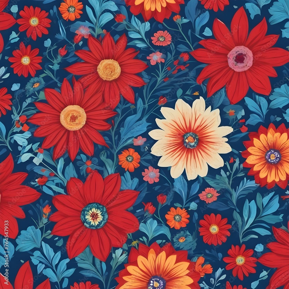 Digital red and blue all over floral prints pattern design art work. Digital red and blue all over floral prints pattern design art work.