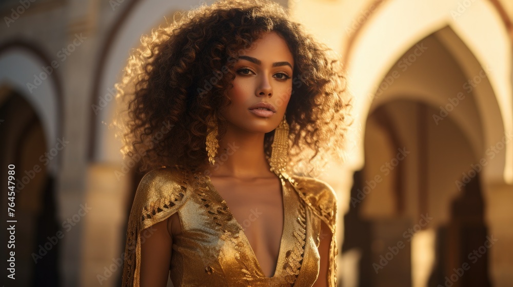 Moroccan Woman with curly hair in golden dress. Luxury and premium Moroccan Woman with curly hair in golden dress. Luxury and premium