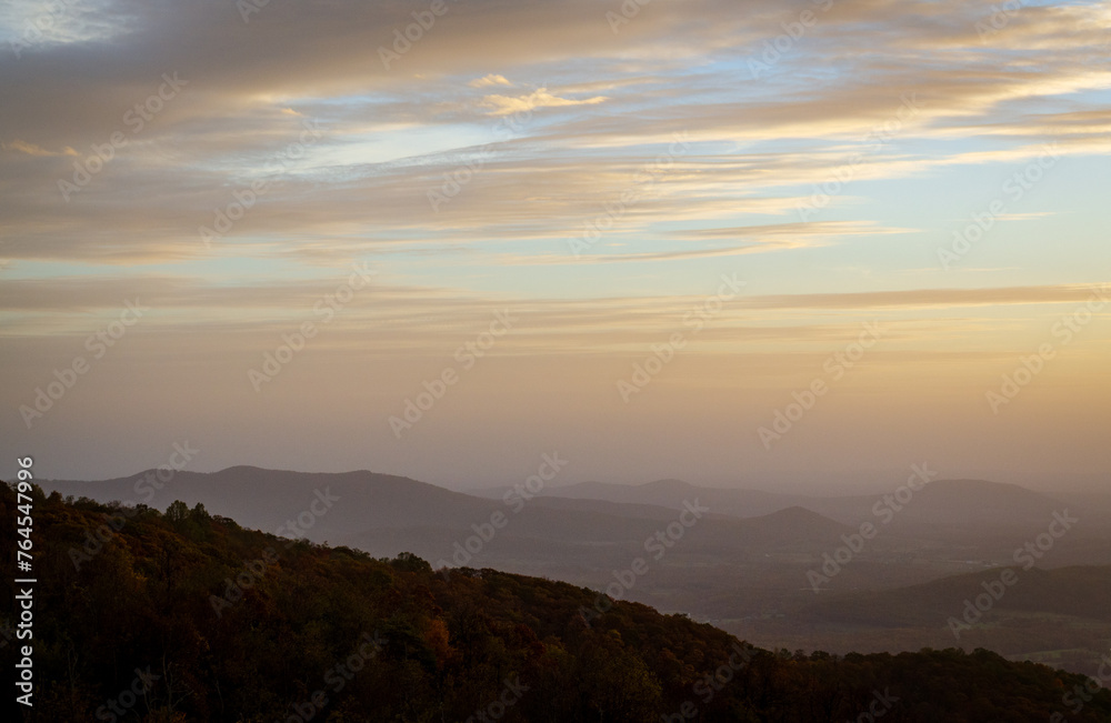 Hazy Morning Overlook at Shenandoah National Park along the Blue Ridge Mountains in Virginia