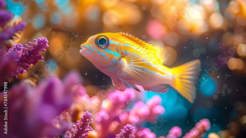  A yellow-blue fish swimming amidst purple-pink corals with a blurred background