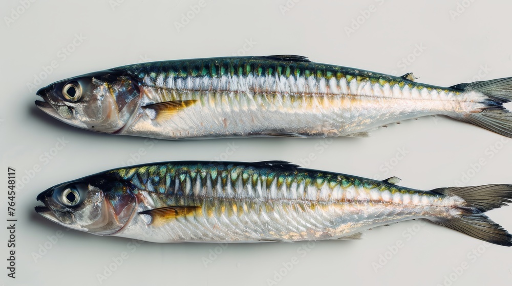  Two fishes lying beside each other on a white plate, one fish facing the opposite way from the other