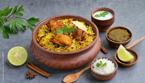 Savor the Spice: Chicken Dhum Biryani with Fragrant Jeera Rice and Vibrant Spices, Presented in Earthenware, Accompanied by Cooling Raita and Zesty Lemon Pickle on a Sleek Grey Background