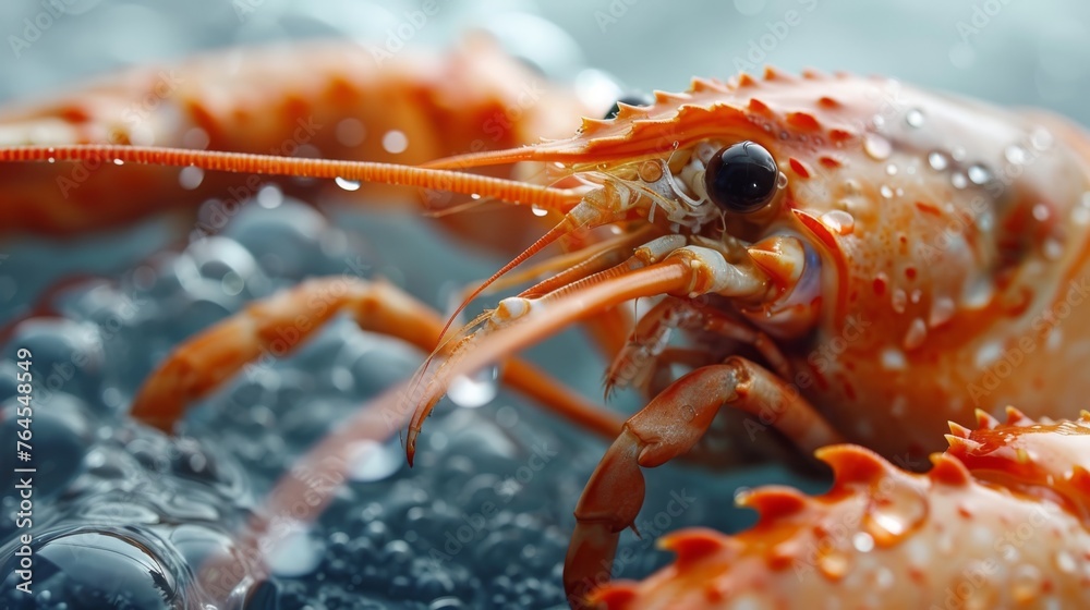 A photo of a lobster, showing its close-up, wet with water droplets, and has a black eye A photo of a lobster, showing its close-up, wet with water droplets, and has a black eye