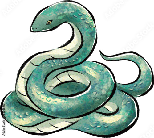 水彩で描いた緑色のヘビのイラスト