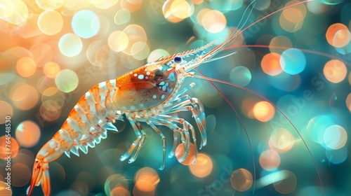  well-focused image of a shrimp on a plain background, with soft bokeh highlights in the distance © Mikus