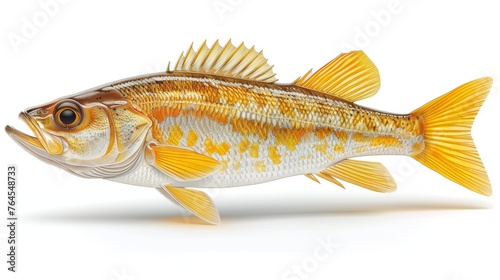  A detailed image of a fish on a white backdrop, exhibiting its reflection in the surrounding waters