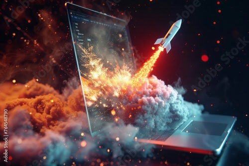 laptop with a rocket coming out of the screen, rocket smoke and fire, a rocket going up from the laptop computer screen, concept art