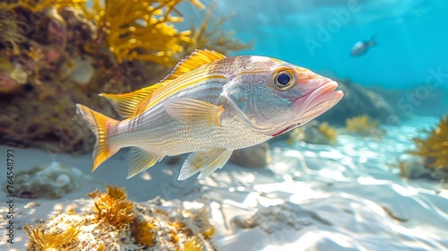  A photo shows a close-up of a fish in water with algae and background elements