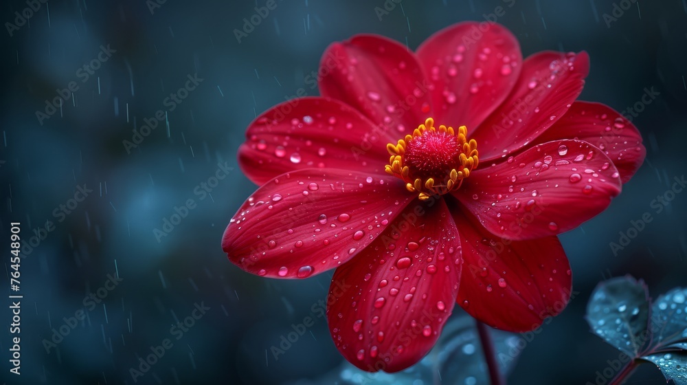 Red flower droplets, dark blue background Red flower droplets, dark blue background