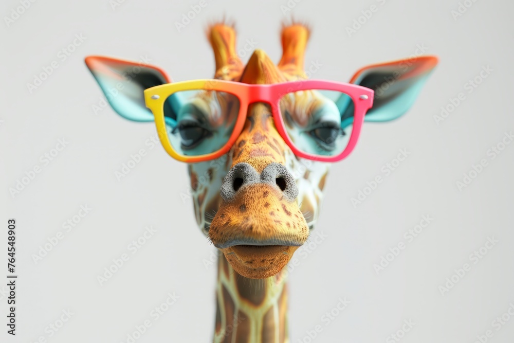 Giraffe with colorful glasses, white background, 3D rendering, closeup of head and neck, symmetrical composition

