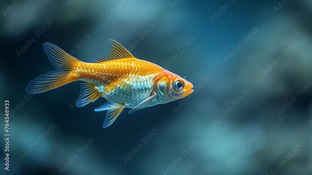 A goldfish on blue, clear image of another fish A goldfish on blue, clear image of another fish