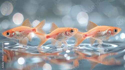  A trio of fish atop water against blue/white backdrop