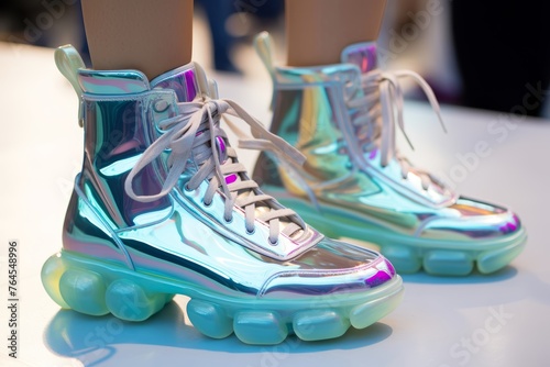  Photography of holographic high-top sneakers reflecting iridescent colors  creating a futuristic and otherworldly vibe.