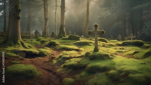 A woodland excavated graveyard with a wooden cross resting on moss. A natural grave in the forest. burying trees, woodland, excavated, graveyard, wooden, cross, resting, moss, natural, grave, forest, 