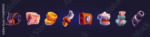 Pirate game ui icons set with cartoon vector weapon cannon and gun, map with treasure sign and close wooden chest, dagger and golden coins, beer with foam in pint and letter in glass bottle.