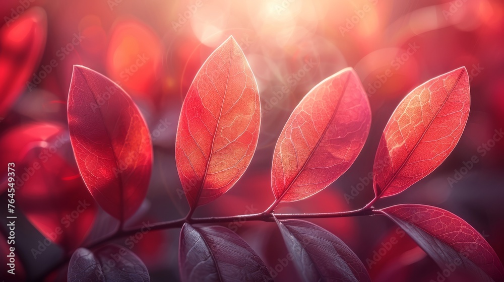 A close-up of a red leaf on a branch, illuminated by the sun behind it A close-up of a red leaf on a branch, illuminated by the sun behind it