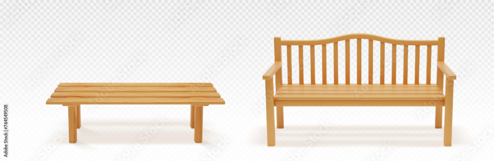 Wooden park or backyard bench front view. Realistic vector illustration set of long chair with light brown wood texture for public city garden. Street furniture made of deck plank. Outdoor seat. - obrazy, fototapety, plakaty 