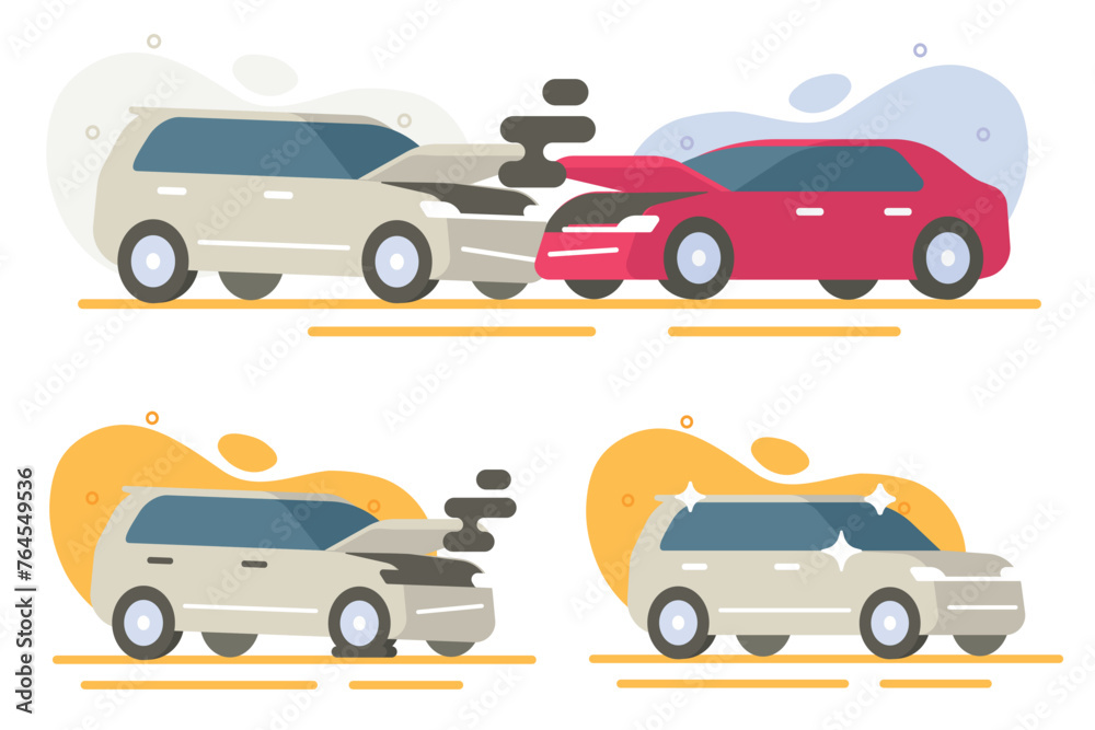 Car crash accident vector, two auto vehicles collision damaged graphic illustration, broken old and new automobiles yellow red, repaired transport 3d cartoon image clipart