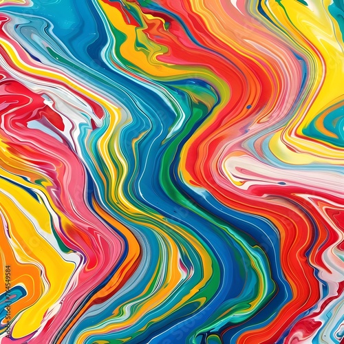 Abstract marbled acrylic paint waves with bold and rainbow swirls, showcasing a dynamic and energetic colorful composition.