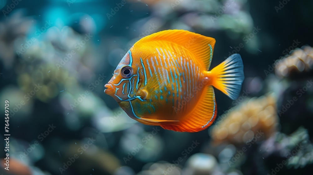 A macro photo of a school of fish in an aquarium, featuring one fish in sharp focus in front A macro photo of a school of fish in an aquarium, featuring one fish in sharp focus in front