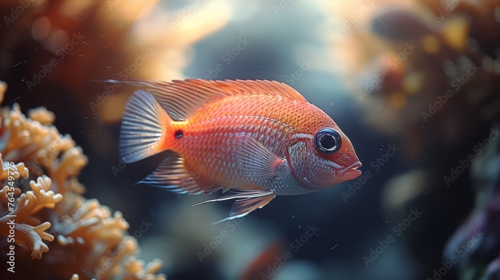  A close-up of a fish in an aquarium with vibrant corals in the foreground and shimmering water in the background
