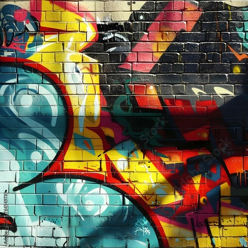 Urban graffiti art on a brick wall, showcasing vibrant spray-painted designs against textured bricks in an alleyway.