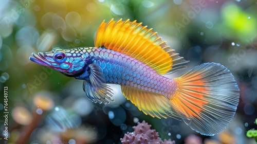  A detailed photograph captures a vibrant blue and yellow fish swimming in an aquarium surrounded by corals and lush vegetation as background